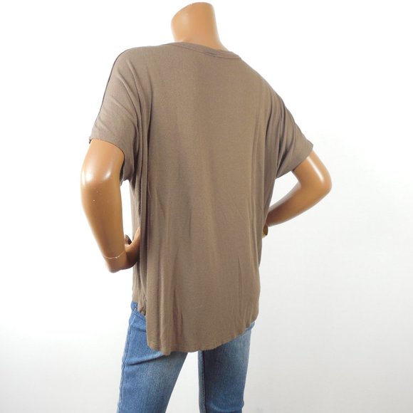 BOBEAU Top L Casual Shirt Relaxed Fit Cut Out Neck Stretch Taupe Swing Blouse - Picture 4 of 7